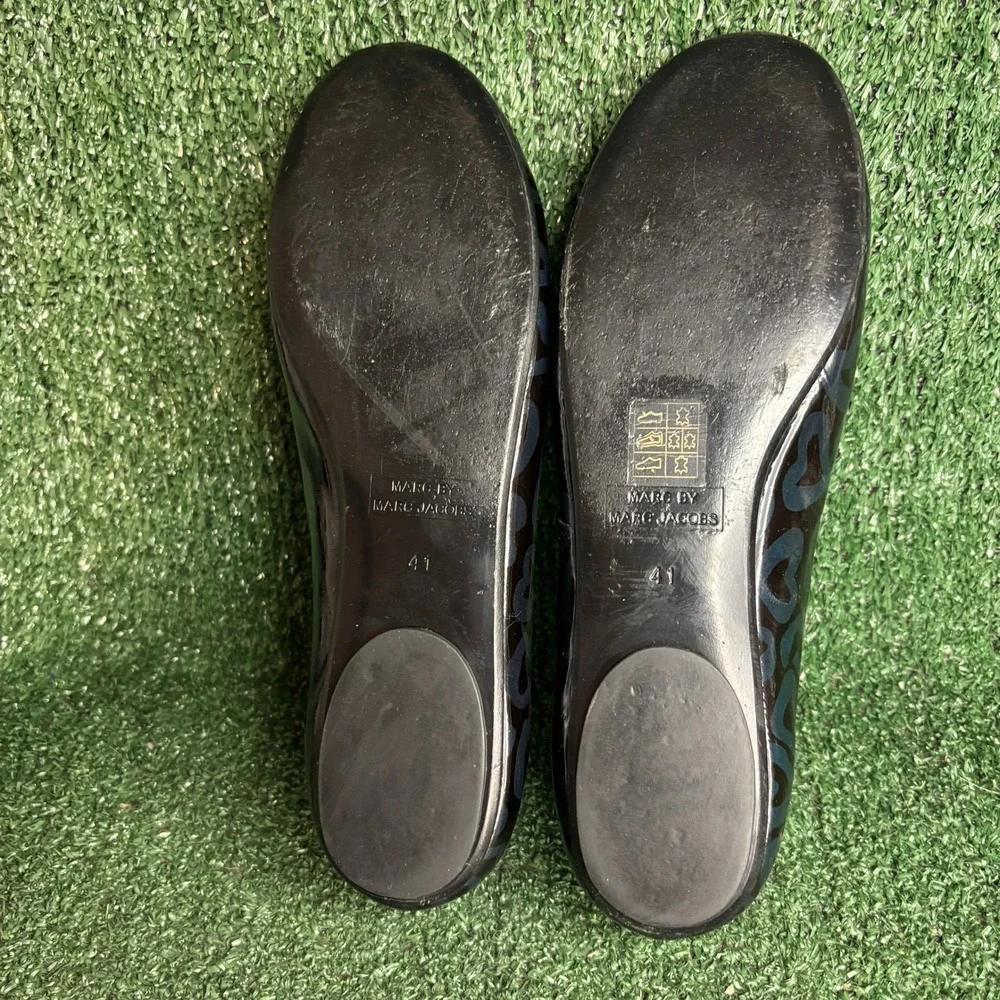 Marc By Marc Jacobs Heart Patent Leather Bow Ballet Flats Black Womens 10.5-11